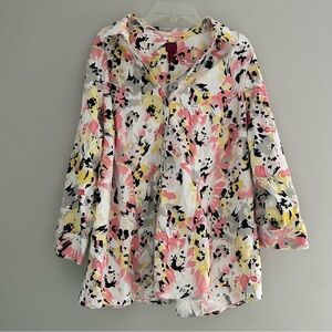 212 Collection Women’s Floral Pink Yellow White Button down Cotton Blouse